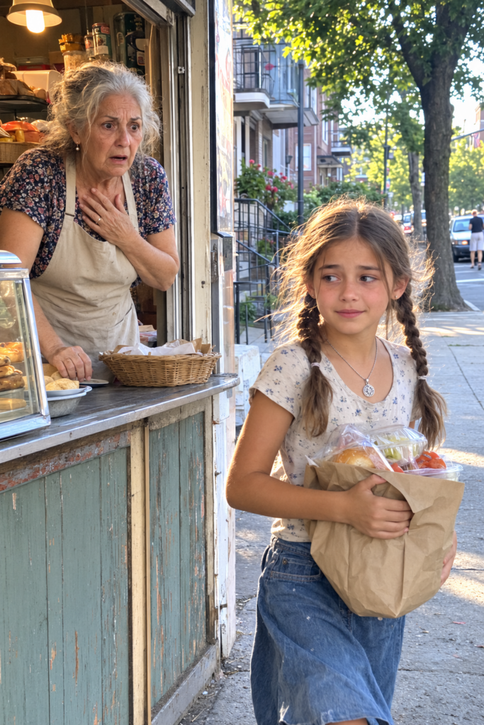 Grandma Maria notices the Family Pendant Mystery necklace as a young girl walks away with a bag of food.