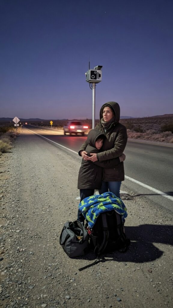 A mother protects her young son during a Family betrayal on a deserted American highway before sunrise.