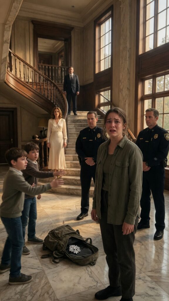 A tearful nanny stands beside an open backpack as the Family Trust Truth begins to unfold inside a luxury home.