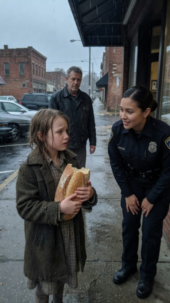 Rainy Bread Secret shows Officer Laura comforting Emma after finding her holding a loaf of bread on a rainy sidewalk.