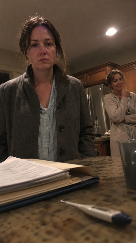 A feverish wife calmly reacts inside a warmly lit American kitchen as the Secret House Deed changes everything about her divorce.