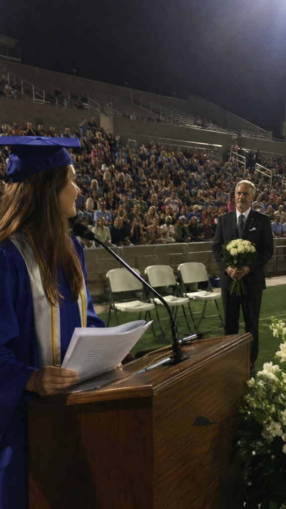 Valedictorian graduation speech moment as a graduate stands alone before an audience under stadium lights