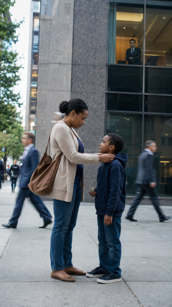 Quiet Strength as a determined single mother comforts her son outside an office building after a difficult interview.
