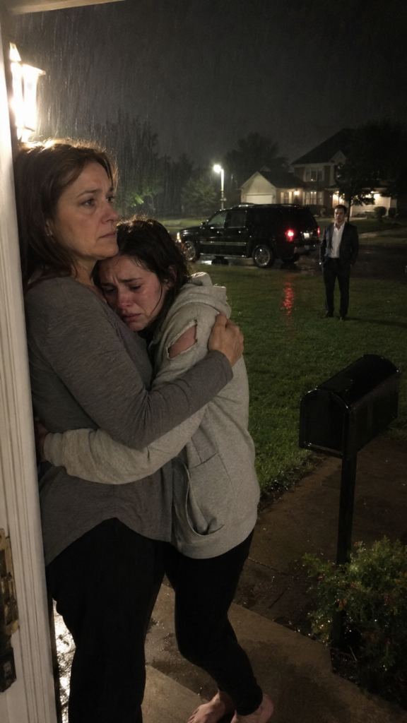 A mother protects her frightened daughter during the emotional Family Escape Truth on a rainy night.