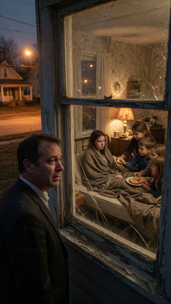wife chose wealth: A Heartbreaking Reunion wife chose wealth: A businessman stands outside a cracked window, frozen in disbelief as he recognizes his wife inside a humble home