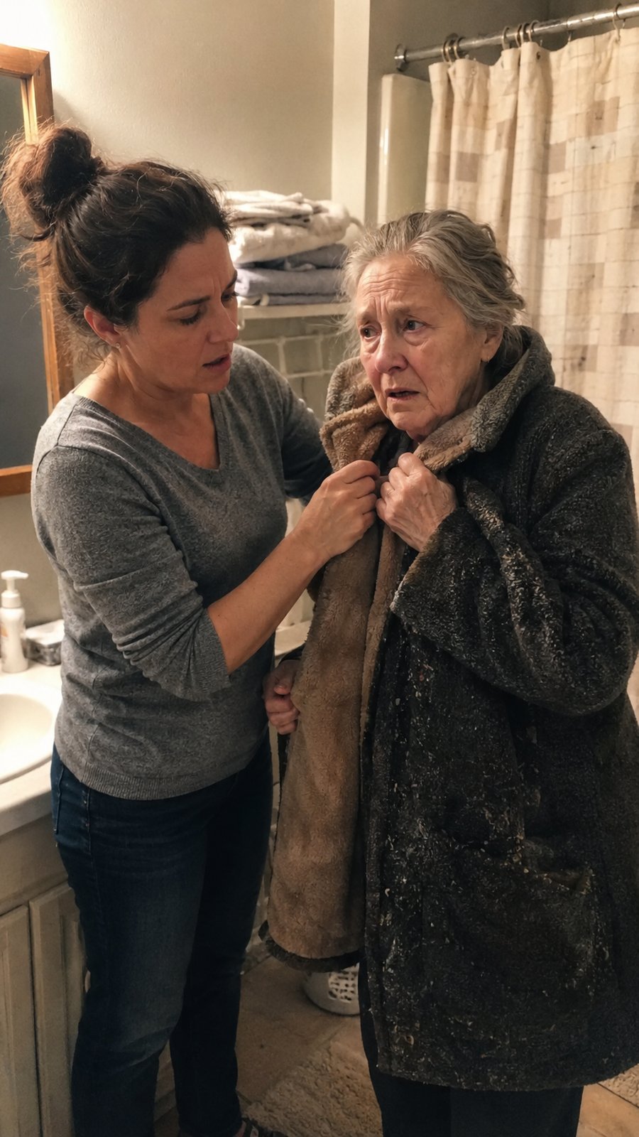 Family Secret: Daughter helps mother remove coat Family Secret coat removal