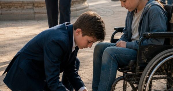 A Well-Dressed Boy Kneels Beside a Girl in a Wheelchair