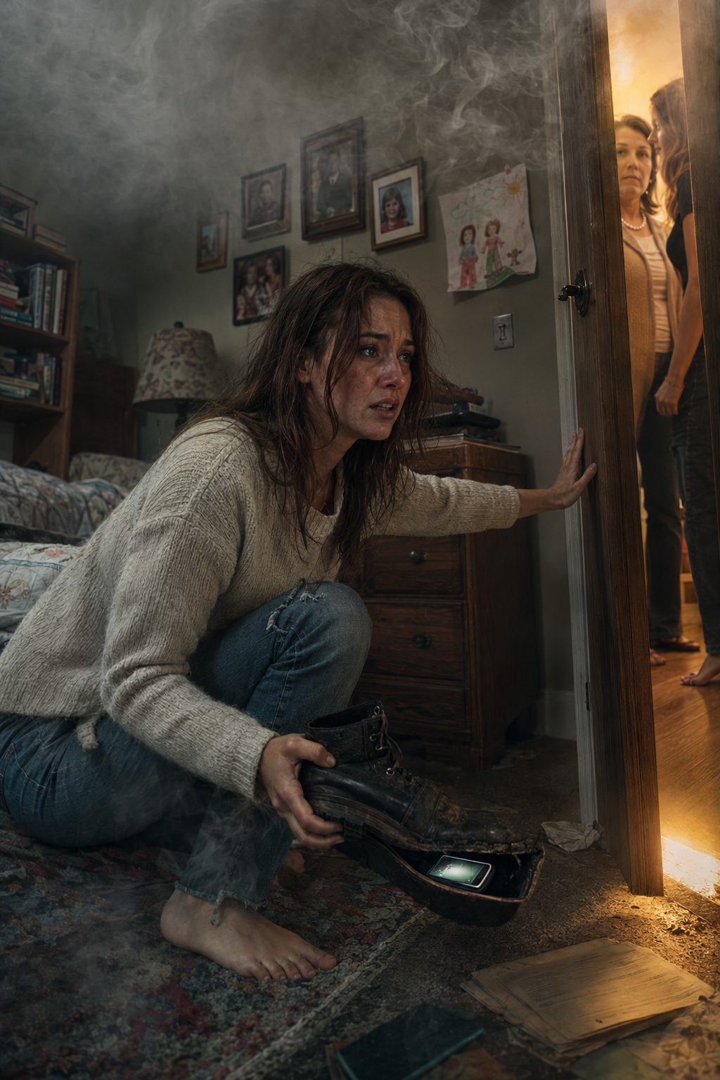 Locked Burning Bedroom Survival Story Locked Burning Bedroom scene showing a barefoot young woman trapped in a smoke-filled upstairs bedroom pounding on a locked door while an older woman and another woman stand outside in a suburban Ohio home with an old boot and hidden phone as clues.