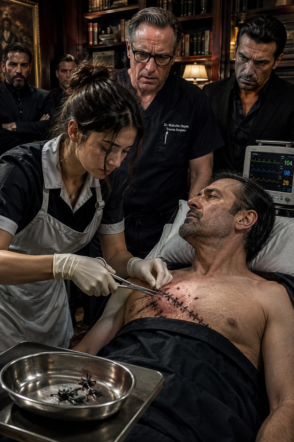 mob boss everyone gave: Mob Boss Saved by Maid Who Noticed the Thread mob boss everyone gave: A young female housemaid examines unusual black surgical stitches in a crime boss's injured shoulder