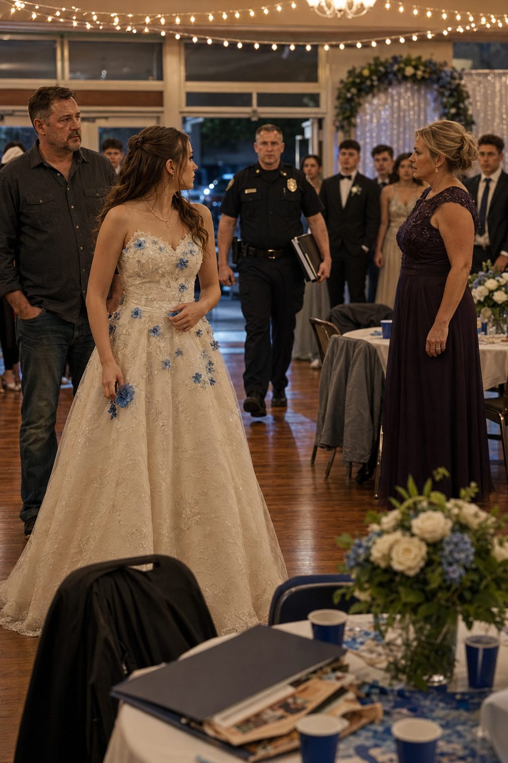 Teen girl in mother wedding dress prom gown faces teacher as officer arrives with folder mother wedding dress: A teenage girl in a handmade ivory prom gown with small blue flowers stands inside a decorated American high school ballroom as a police officer holding a thick folder approaches her stunned English teacher while her father watches from the background