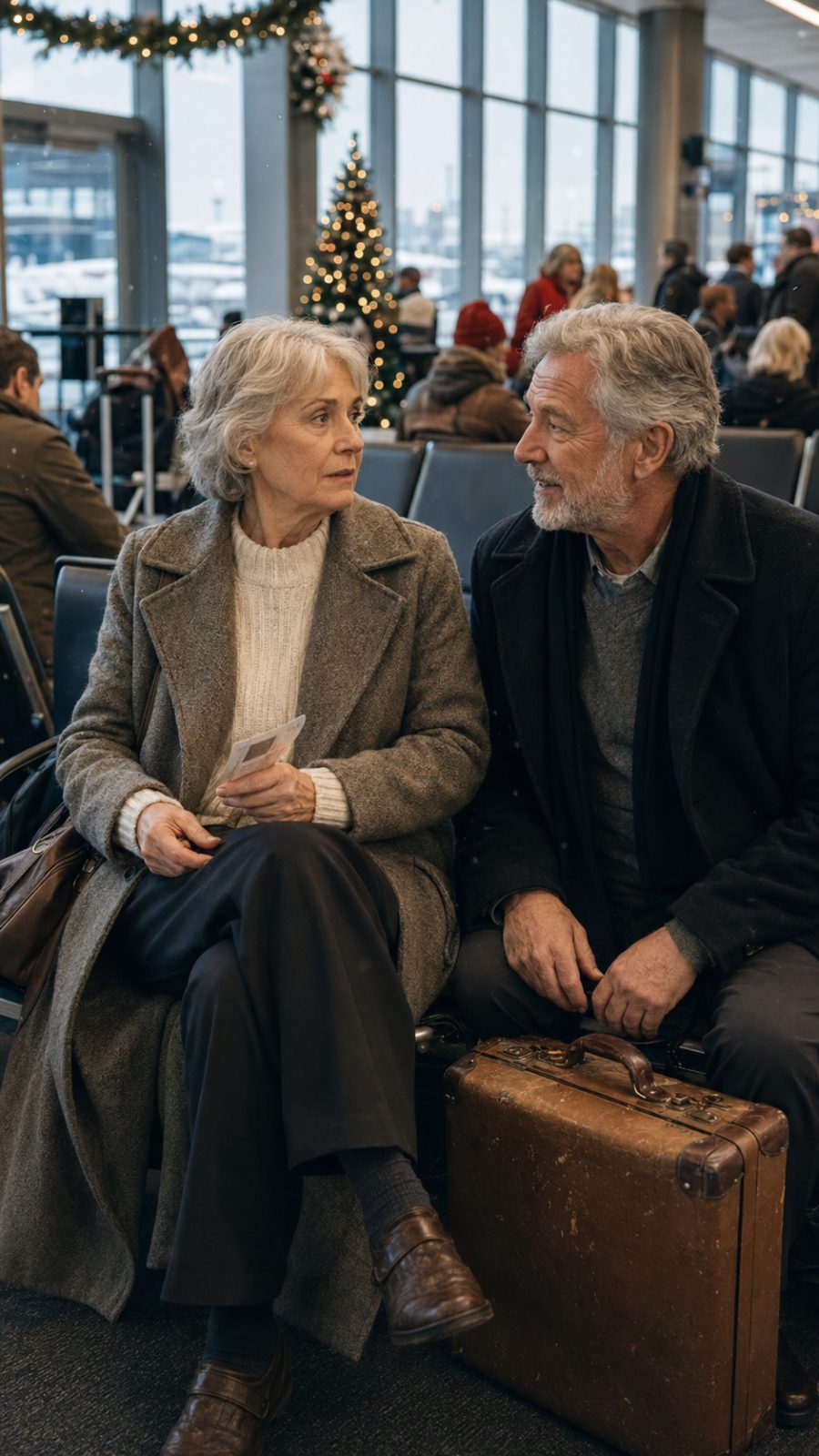 christmas solo journey airport departure A senior woman sitting at an airport gate with a vintage suitcase during her christmas solo journey