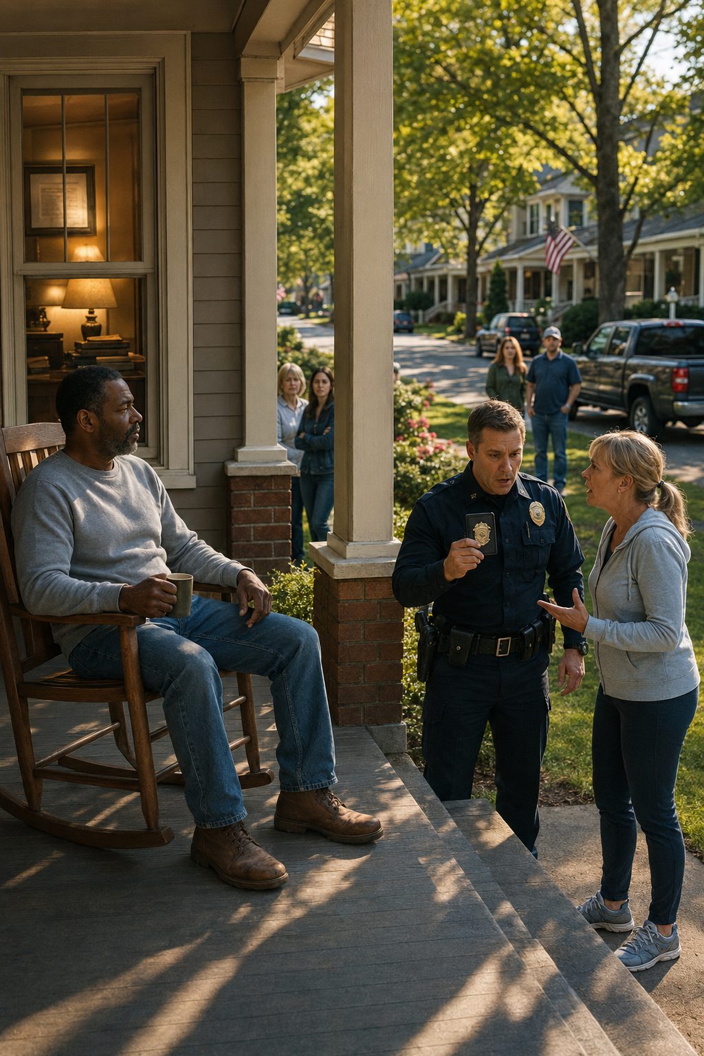 Prosecutor Neighbor Confrontation Porch Scene Federal prosecutor neighbor confrontation on porch with coffee mug