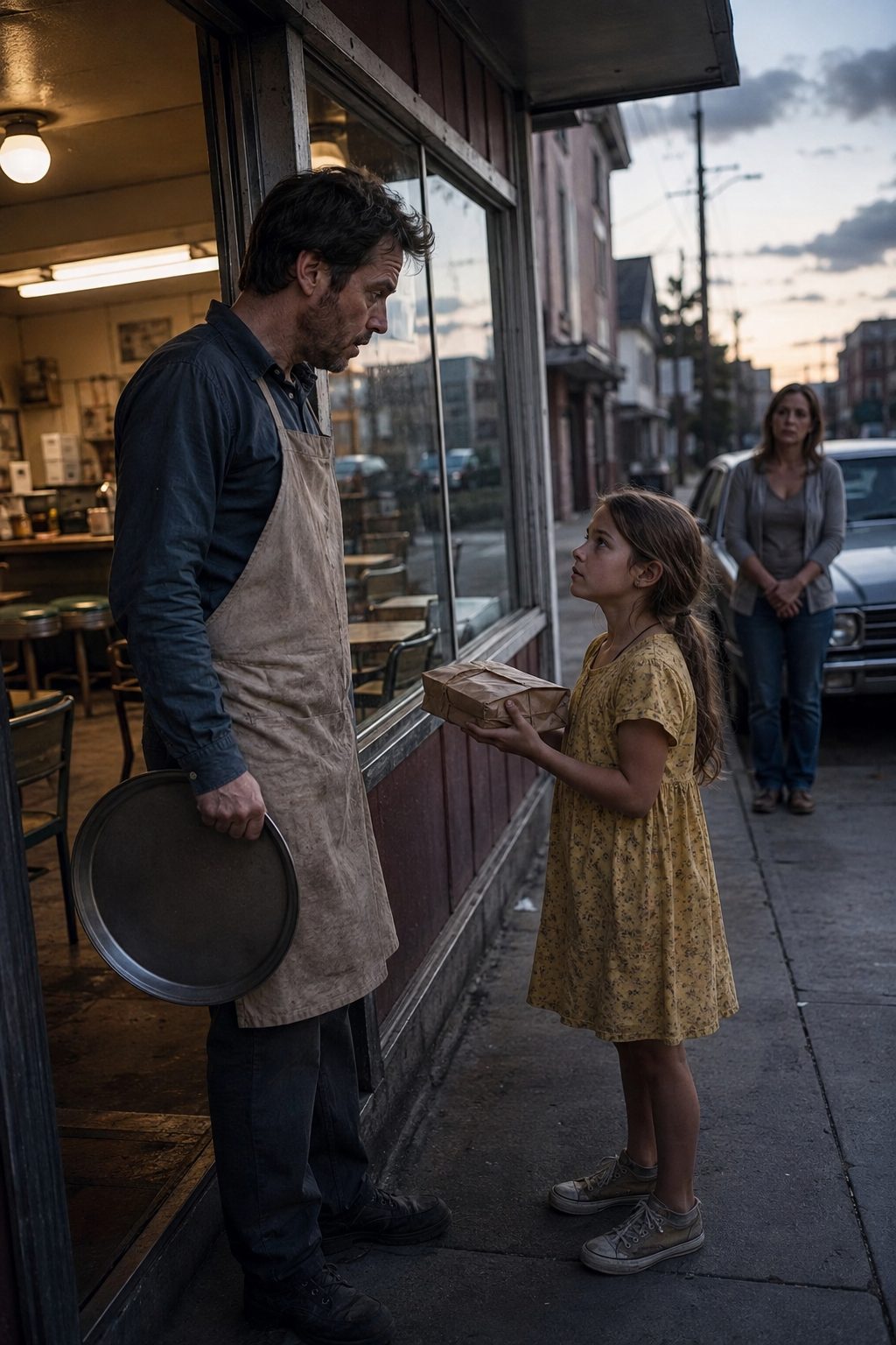 Father's Secret Kindness Legacy Revealed Through Simple Sandwich Gift Ethan Walker handing last sandwich to hungry girl outside struggling diner revealing father's secret kindness legacy