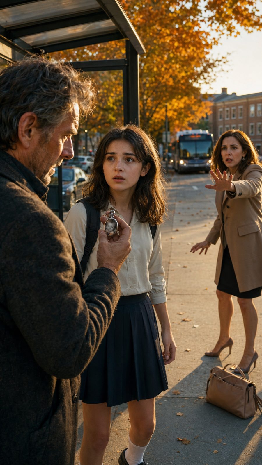 family secrets american family: A Family's Hidden Past: A Mother, Daughter, and a Stranger family secrets american family: A mother and daughter standing beside a stranger who resembles their late father at an American bus stop