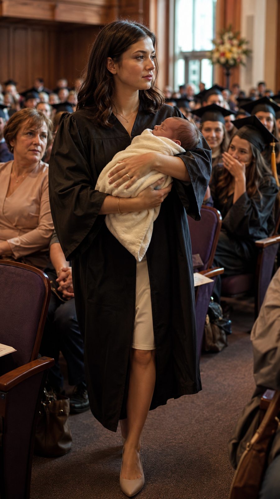 graduation newborn family story moment graduation newborn family story: A young woman holding a sleeping newborn in a cream blanket during a university graduation