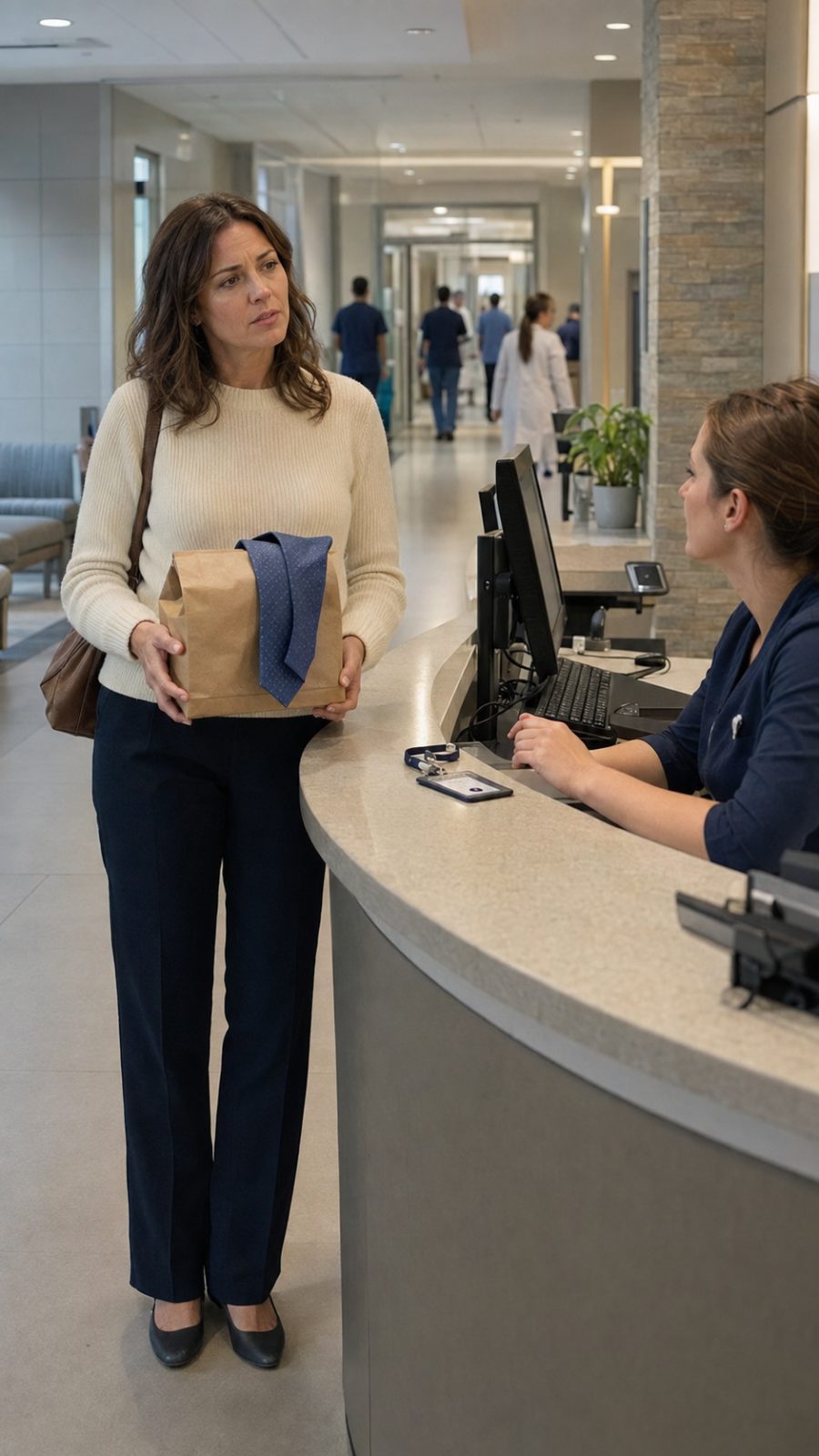 surgeon husband missing badge office scene A woman holding a lunch bag stands in a hospital office while discussing the surgeon husband missing badge mystery