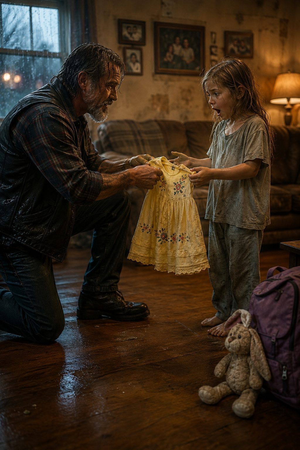 Foster Girl Adoption: A Heartwarming Story of Love and Acceptance Foster Girl Adoption: A young foster girl holding a yellow dress with a tattooed biker and his wife in the background