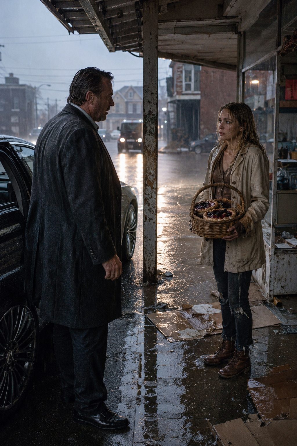 Homeless Girl Pie: Homeless girl selling berry pies in the rain Homeless Girl Pie: Homeless girl selling berry pies in the rain outside an abandoned pharmacy in Brighton Harbor Massachusetts