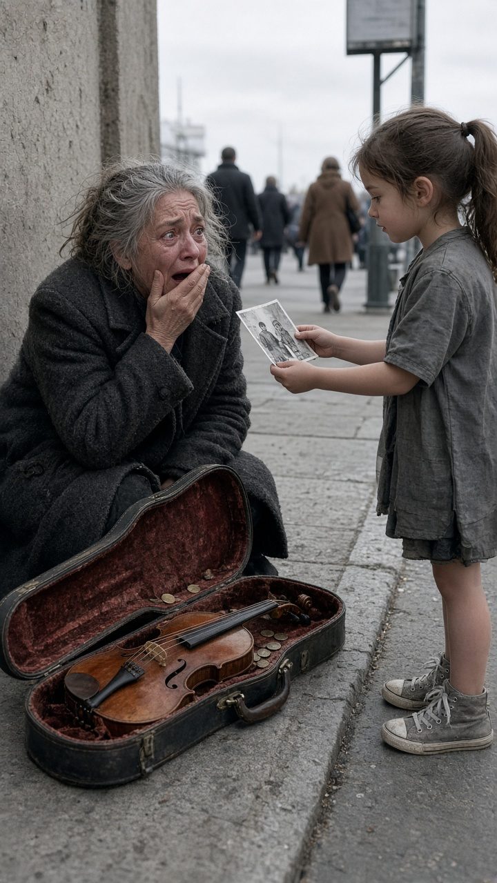 violin case photograph: Margaret discovers her daughter's photograph in the violin case violin case photograph: Margaret kneeling on sidewalk holding an old photograph as a young girl in a worn coat watches quietly beside an open violin case