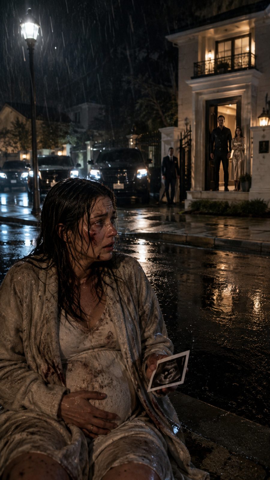 My Husband Threw Me Into the Storm my husband threw me: a pregnant woman in a soaked coat stands near the curb protecting her abdomen